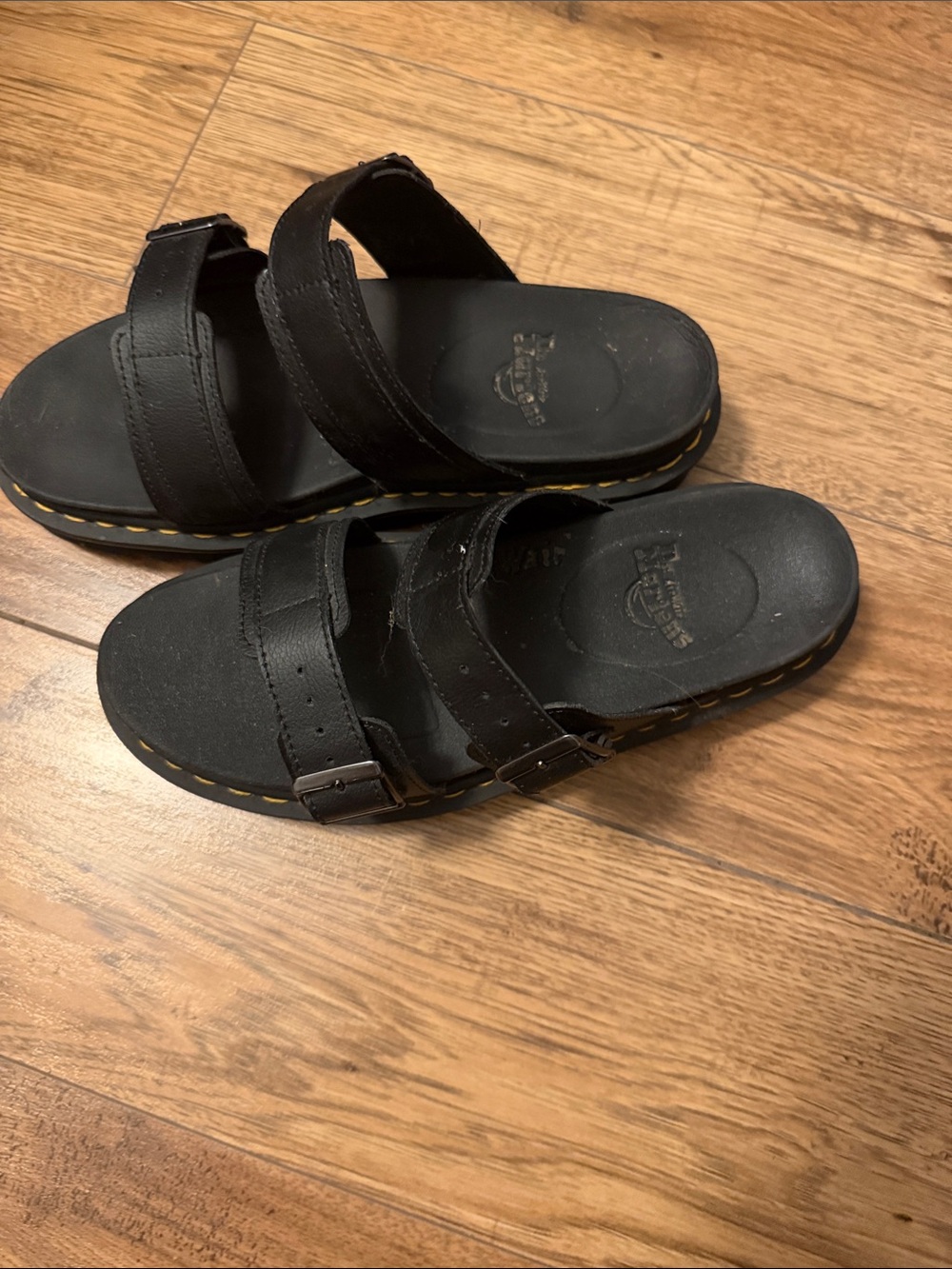 Dr. Martens Black Leather Double-Strap Slide with Yellow Stitch Accent